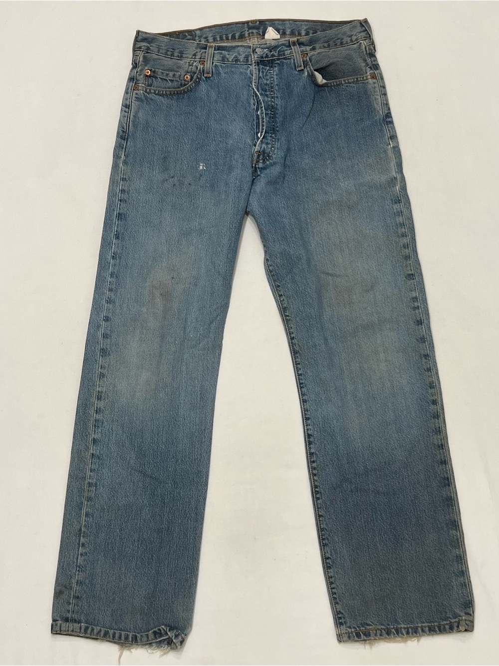 Levi’s 501 Button Fly Jeans Mens 36x32 Light Wash Distressed Worn In Denim